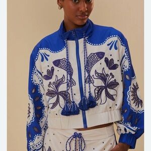 FARM Rio Blue and White Embroidered Crop Windbreaker